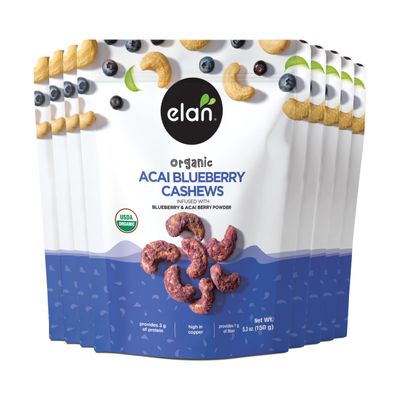 Elan Organic Acai Blueberry Cashews, Non-GMO, Vegan, Gluten-Free, Kosher, Glazed Nuts (Roasted Cashews, Acai Berry Powder, Blueberry Juice Powder), Superfood Infused Nuts, 8 pack of 5.3 oz