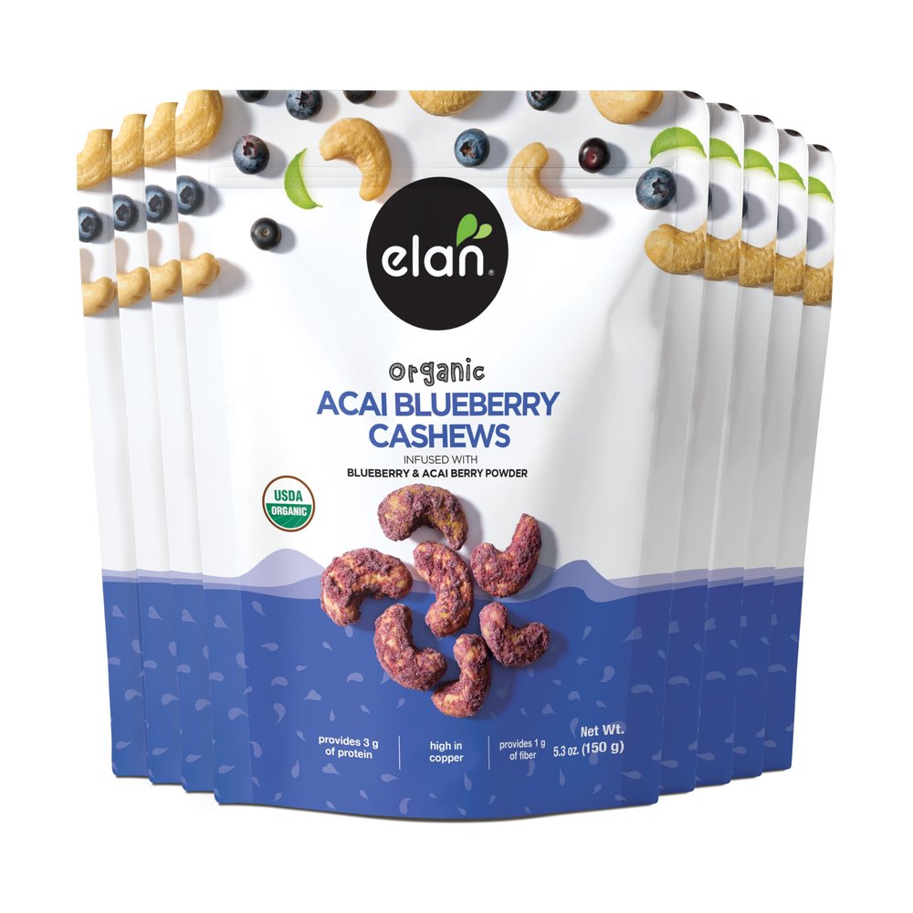 Elan Organic Acai Blueberry Cashews, Non-GMO, Vegan, Gluten-Free, Kosher, Glazed Nuts (Roasted Cashews, Acai Berry Powder, Blueberry Juice Powder), Superfood Infused Nuts, 8 pack of 5.3 oz