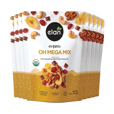 Elan Organic Oh Mega Mix, Vegan Dark Chocolate, Dried Fruits (Cranberries & Banana Chips), Nuts (Chia Walnuts & Roasted Cashews), Non-GMO, Gluten-Free, Vegan, Guilt-Free Snacks, 8 pack of 4.8 oz