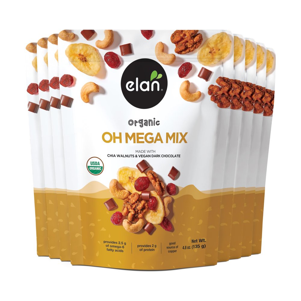 Elan Organic Oh Mega Mix, Vegan Dark Chocolate, Dried Fruits (Cranberries & Banana Chips), Nuts (Chia Walnuts & Roasted Cashews), Non-GMO, Gluten-Free, Vegan, Guilt-Free Snacks, 8 pack of 4.8 oz