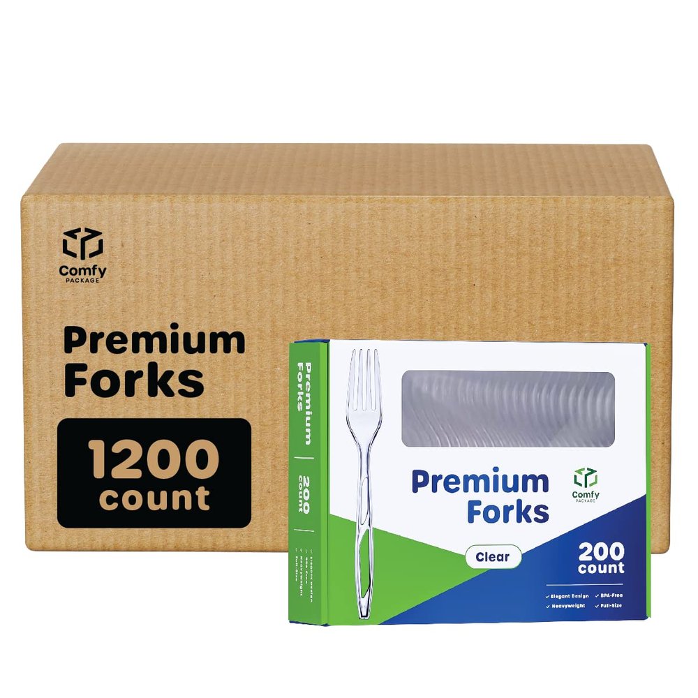 Comfy Package [Case of 1,200] Premium Heavyweight Disposable Forks - Clear Plastic Forks, Plastic Cutlery, Perfect for Parties, Events, and Catering