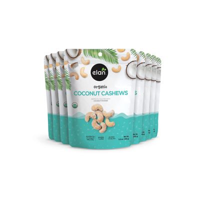 Elan Organic Coconut Cashews, 5.6 oz, Non-GMO, Gluten-Free, Vegan, Kosher, Glazed Nuts (Roasted Cashews, Coconut Milk Powder, Himalayan Pink Salt), Superfood Infused Nuts, 8 pack of 5.6 oz