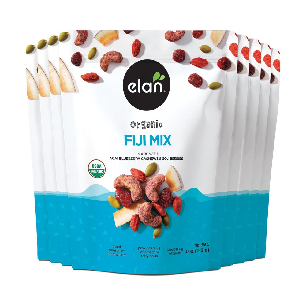 Elan Organic Fiji Mix, Non-GMO, Gluten-Free, Vegan, Kosher, Dried Fruits (Dried Goji Berries, Dried Cranberries), Superfood Infused Nuts (Blueberry Acai Cashews), Pumpkin Seeds, 8 pack of 4.8 oz