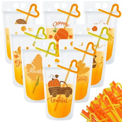 Jinei 24 Sets Thanksgiving Drink Pouches with Straw Pumpkin Turkey Maple Leaves 16 oz Juice Plastic Bags Reclosable Ice Drink Pouches Bag for Thanksgiving Party Supplies, 8 Styles