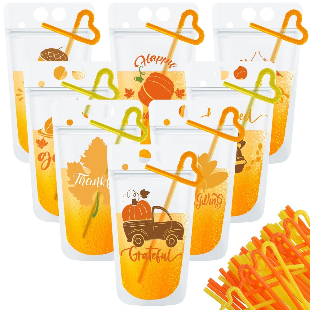 Jinei 24 Sets Thanksgiving Drink Pouches with Straw Pumpkin Turkey Maple Leaves 16 oz Juice Plastic Bags Reclosable Ice Drink Pouches Bag for Thanksgiving Party Supplies, 8 Styles