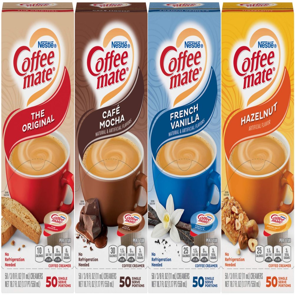 Coffee Mate Liquid .375oz, 4 Flavor Variety 200 Count including Original, Cafe Mocha, French Vanilla & Hazelnut