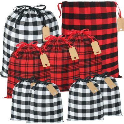 HRX Package Fabric Gift Bags Drawstring Assorted, 9pcs Reusable Christmas Wrapping Sacks Buffalo Plaid Cloth Bag with Gift Tag for Xmas Presents