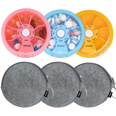 6PCS Pill Organizer Pill Cases Weekly Cute Round Pill Box Travel Pill Container Portable Small Medicine Organizer (3PCS+3 Bag)