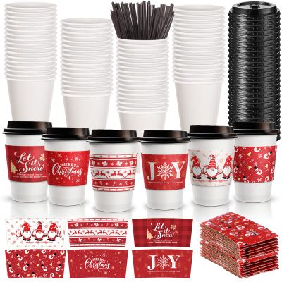 Meanplan 60 Set 12 oz Christmas Disposable Coffee Cups with Lids Sleeves and Stir Straws Xmas Paper Leak Proof Hot Coffee Cups Mug for Cocoa Cold Drinks Hot Chocolate Beverage Christmas Party Supplies