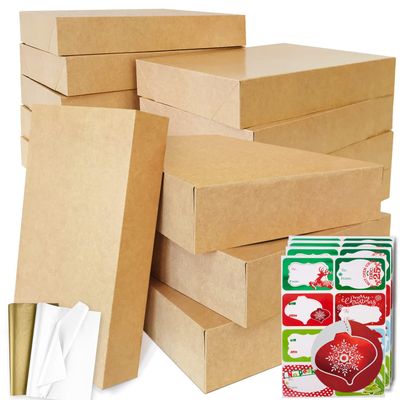 12 Kraft Large Gift Wrap Boxes Bulk with Lids, 12 tissue paper and 80 Count Foil Christmas Tag Stickers for wrapping oversized Clothing (Robes, Sweater, Coat, Shirts) and xmas Holiday Present