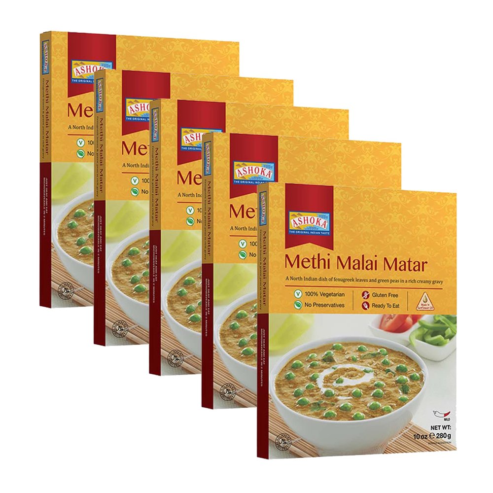 Ashoka All-Natural Meals 1932, Vegetarian Fenugreek Leaves & Green Peas, Kosher Certified, Ready to Eat Authentic Indian Meals, Methi Malai Matar, On the Go Meals, No Preservatives, Pack of 5