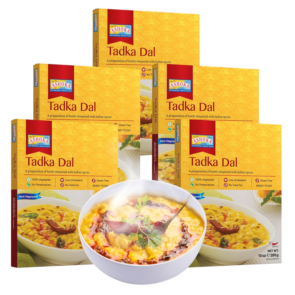 Ashoka Indian Meals 1932, Heat & Serve Vegetarian Lentils, Everyday Dal, All-Natural Indian Dal Tadka, Kosher Certified, Camping Friendly Food, Gluten-Free & with No Preservatives, Pack of 5