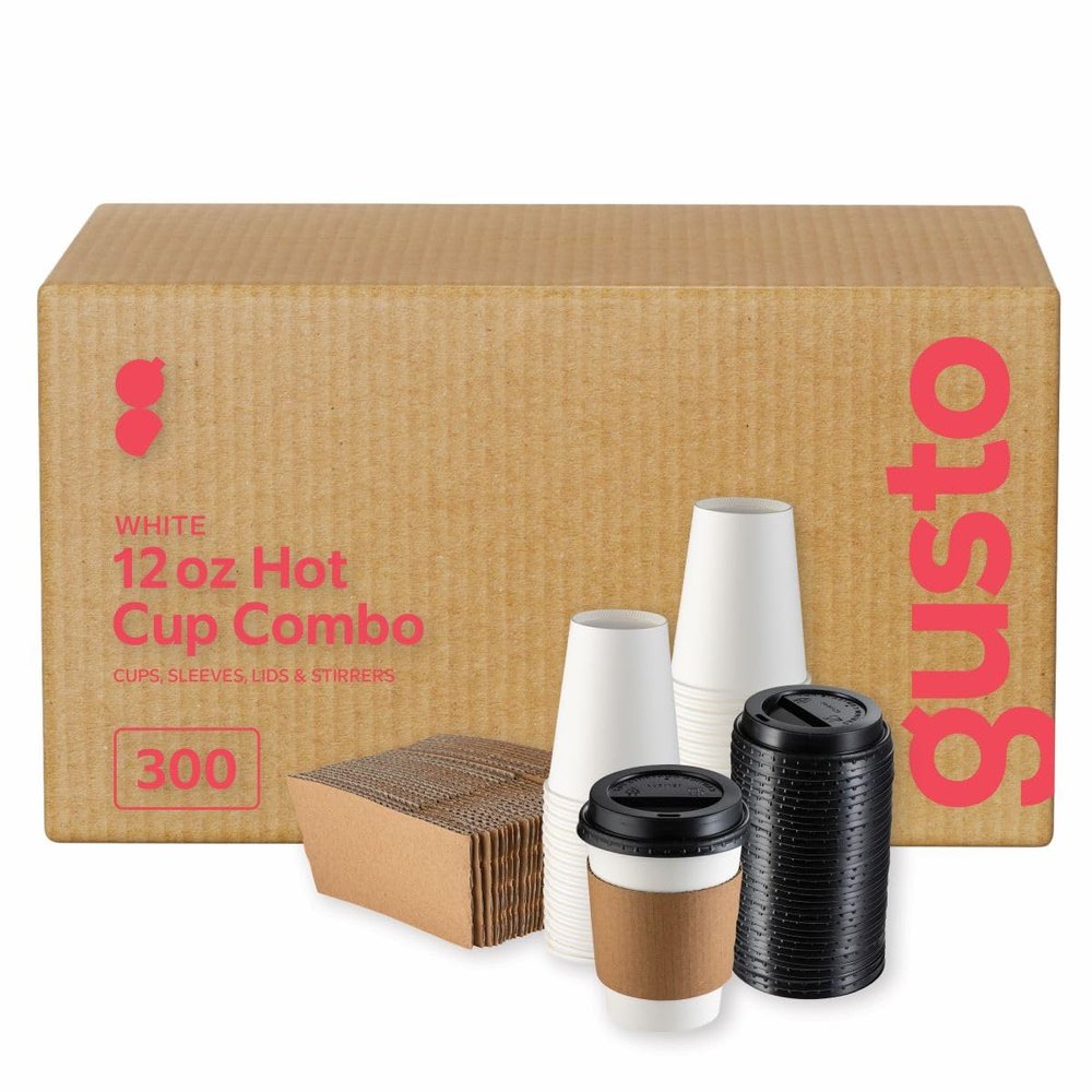Comfy Package [Case of 300 12 oz. Disposable Coffee Cups with Lids and sleeves - To Go Paper Hot Cups for Travel and Office Use