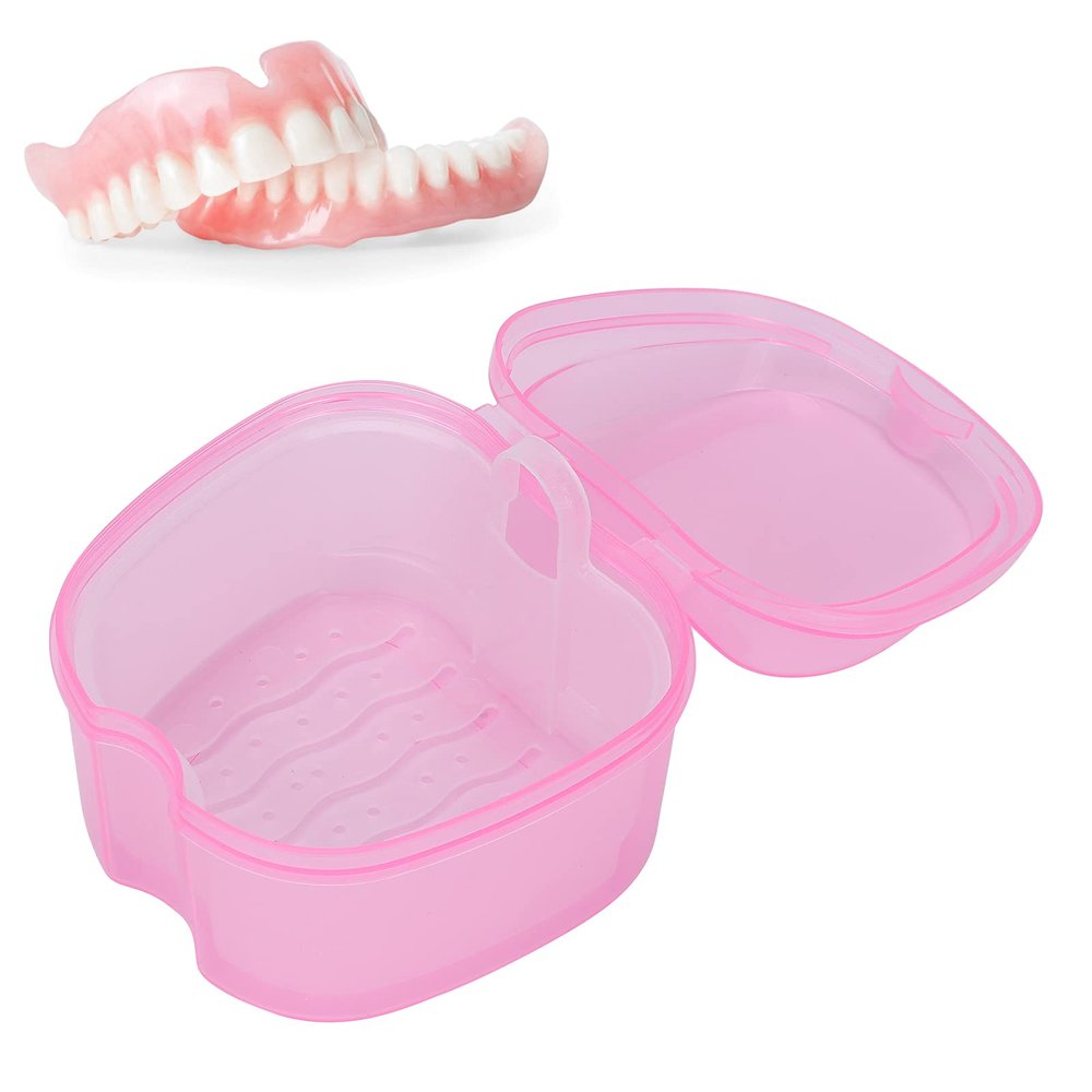 Denture Bath Case Box, Retainer Holder Cup Storage Soak Container with Strainer Basket, Care Retainer Case, Portable Travel Case, False Teeth Container ()