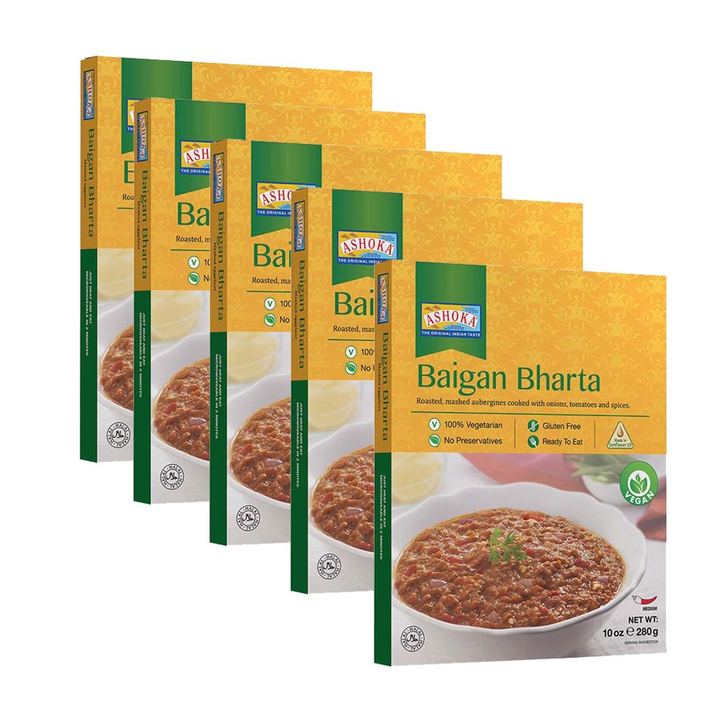 Ashoka All-Natural Entrees 1932, Vegan Mashed Aubergines, Kosher Certified, Microwave Ready Meals, Authentic Baigan Bharta, Portable Backpack Friendly Food, Gluten-Free, No Preservatives, Pack of 5