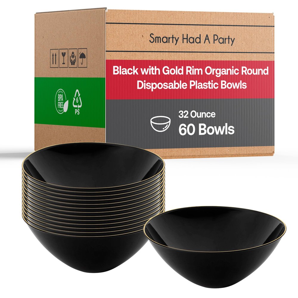 Disposable Plastic Plates with Rim Design, Organic Round Dinnerware Bulk Order for Wedding, Birthday & All Occasions (Black with Gold, 60 Bowls (32 oz Bowls))