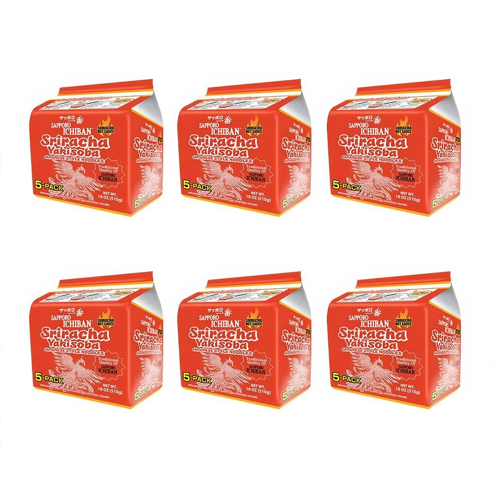 [SAPPORO ICHIBAN] Sriracha Yakisoba, Spicy Chow Mein, No. 1 Tasting Japanese Instant Noodles (3.6 Oz/102 g) (30 Packs)
