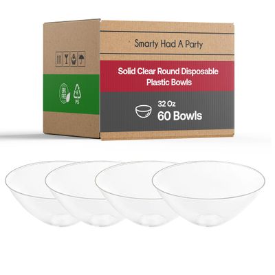 Disposable Plastic Plates with Rim Design, Round Dinnerware Bulk Order for Wedding, Birthday & All Occasions (Clear, 60 Bowls (32 oz Bowls))