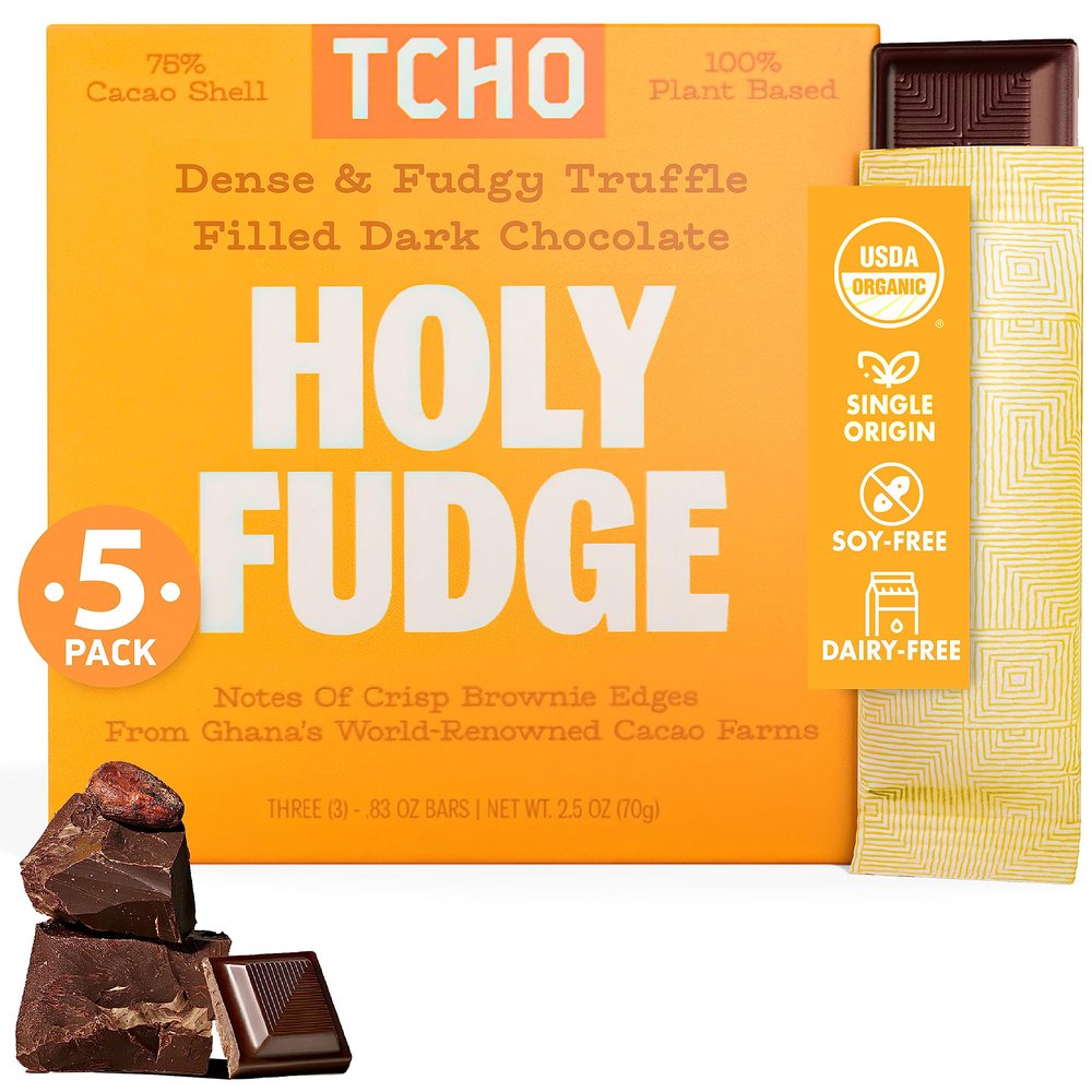 TCHO Holy Fudge 75% Dark Chocolate Bars (5 pack) | Single Origin Ghana, Dairy Free, Organic & Fair Trade | Non-GMO, Vegan, Soy Free, Gluten Free (2.1oz each)