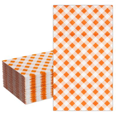 DYLIVeS Orange Gingham Napkins, Orange and White Checkered Guest Towel Plaid Party Napkins Disposable Paper Hand Towels for Luncheon, Dinner, Picnic, Birthday, Easter, Graduation Party, 3-Ply, 50 Pcs