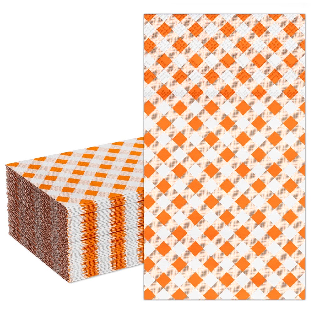 DYLIVeS Orange Gingham Napkins, Orange and White Checkered Guest Towel Plaid Party Napkins Disposable Paper Hand Towels for Luncheon, Dinner, Picnic, Birthday, Easter, Graduation Party, 3-Ply, 50 Pcs