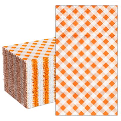 DYLIVeS Orange Gingham Napkins, 80 Pack Orange and White Checkered Guest Towel Plaid Party Napkins Disposable Paper Hand Towels for Luncheon, Dinner, Picnic, Birthday, Easter, Graduation Party, 3-Ply