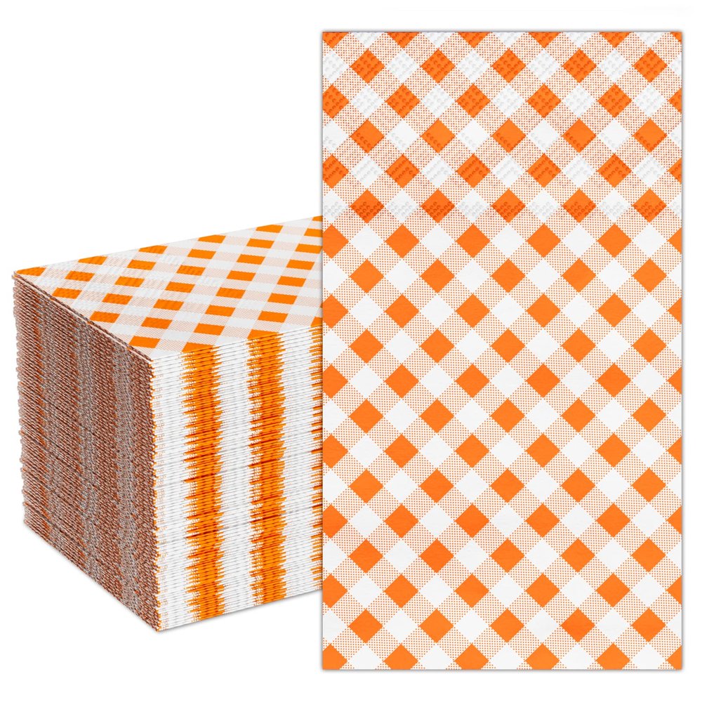 DYLIVeS Orange Gingham Napkins, 80 Pack Orange and White Checkered Guest Towel Plaid Party Napkins Disposable Paper Hand Towels for Luncheon, Dinner, Picnic, Birthday, Easter, Graduation Party, 3-Ply