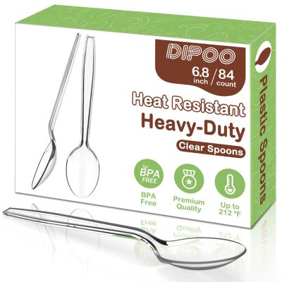 Dipoo 6.8" Clear Plastic Spoons Heavy Duty with Heat Resistant & BPA Free, Solid and Durable Plastic Cutlery, Premium Disposable Spoons for Party Supply(84 Count)