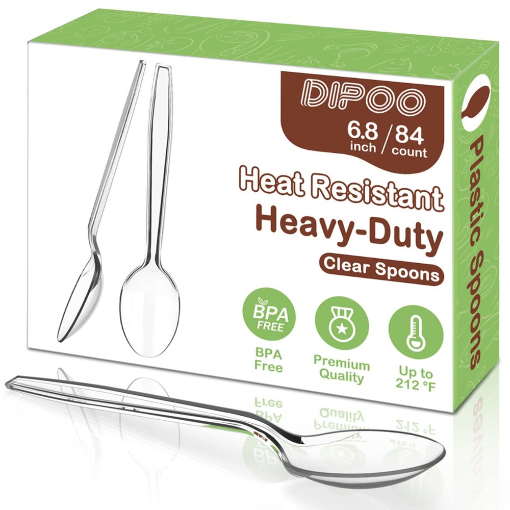 Dipoo 6.8" Clear Plastic Spoons Heavy Duty with Heat Resistant & BPA Free, Solid and Durable Plastic Cutlery, Premium Disposable Spoons for Party Supply(84 Count)