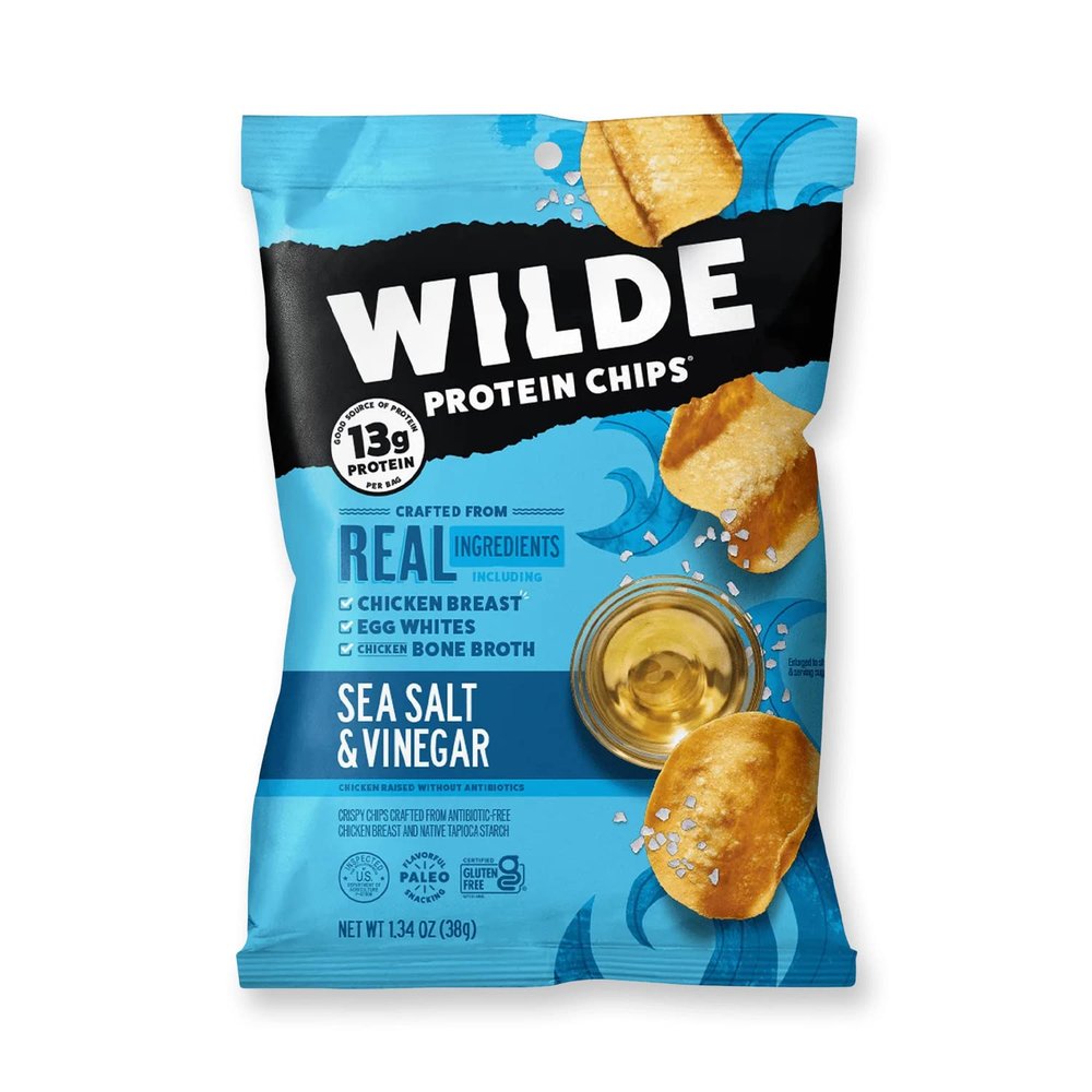 WILDE Chicken Chips Mini Bags - High Protein, Made With Real Chicken, 1.34oz Bags (Sea Salt & Vinegar, 16 Count)
