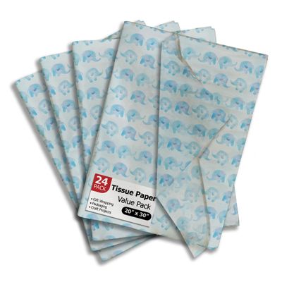 Blue Elephant Printed Tissue Paper for Gift Bags or Boxes and Wrapping - Baby Shower Bulk Decorative Art Tissue Paper for Packaging and Gifting | 24 Sheets 20" x 30"