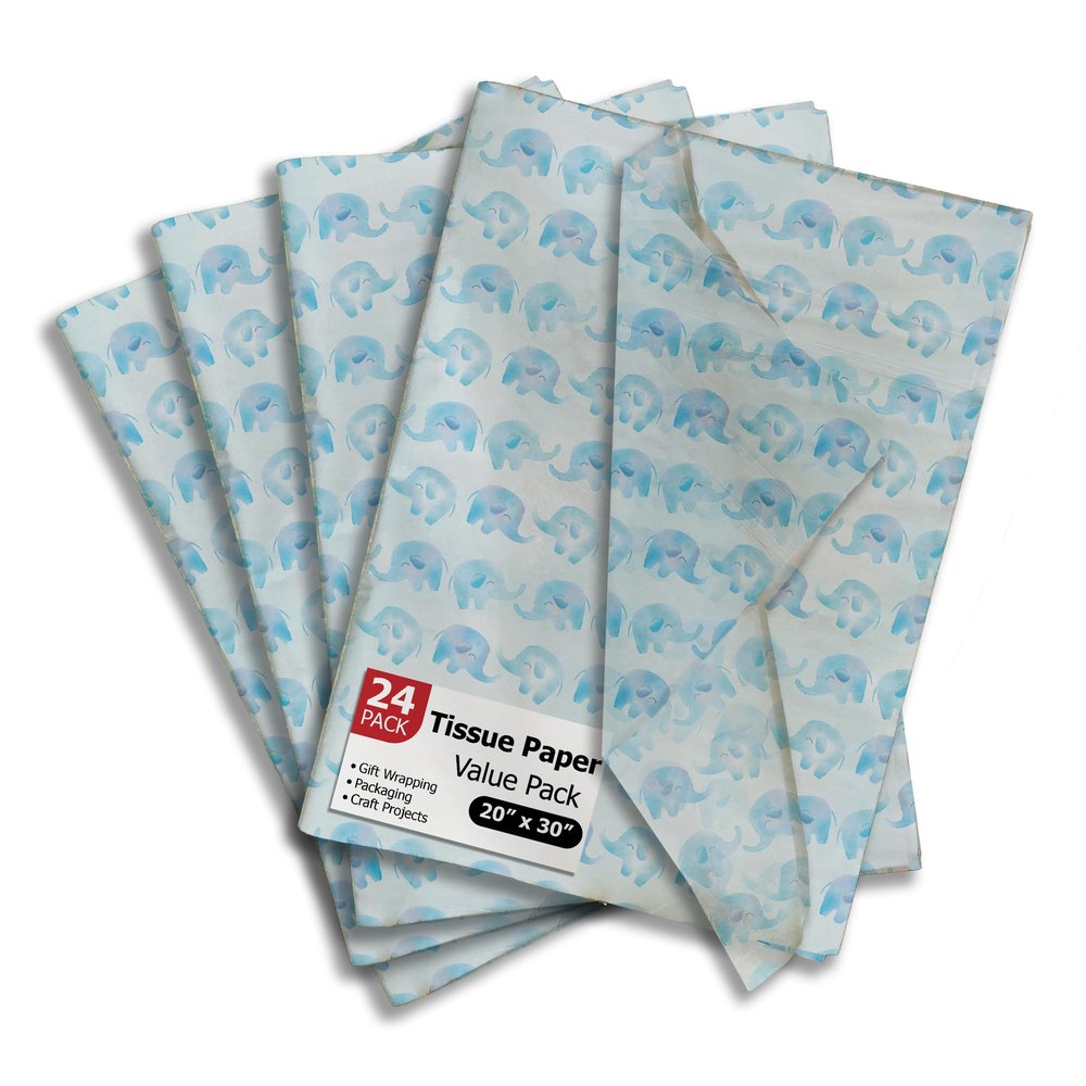 Blue Elephant Printed Tissue Paper for Gift Bags or Boxes and Wrapping - Baby Shower Bulk Decorative Art Tissue Paper for Packaging and Gifting | 24 Sheets 20" x 30"