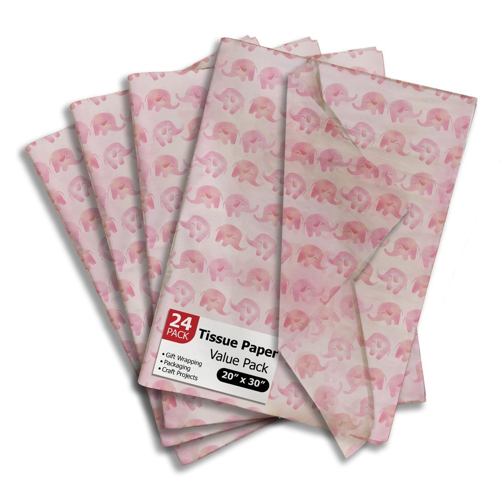 Pink Elephant Printed Tissue Paper for Gift Bags or Boxes and Wrapping - Baby Shower Bulk Decorative Art Tissue Paper for Packaging and Gifting | 24 Sheets 20" x 30"
