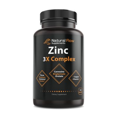Zinc Supplement Complex with Copper and Vitamin C - Natural Flow 3X Zinc Carnosine, Bisglycinate Chelate, and Orotate, Chelated Copper, Easy on The Stomach, Skin and Immune Support, 120 Capsules