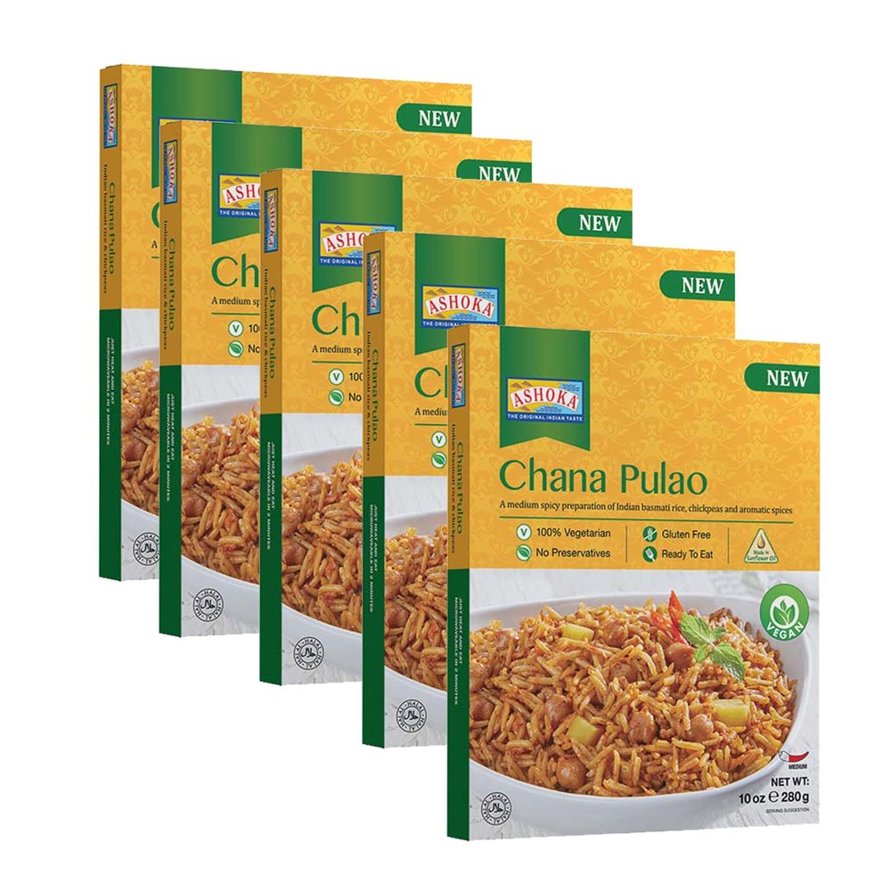 Ashoka Meals 1932, Instant Rice, Vegan Chickpea Rice, All-Natural, Kosher Certified, Ready to Eat Pilaf, Chana Pulao, Made from Aged Basmati Rice, Authentic Indian Meals, No Preservatives, Pack of 5
