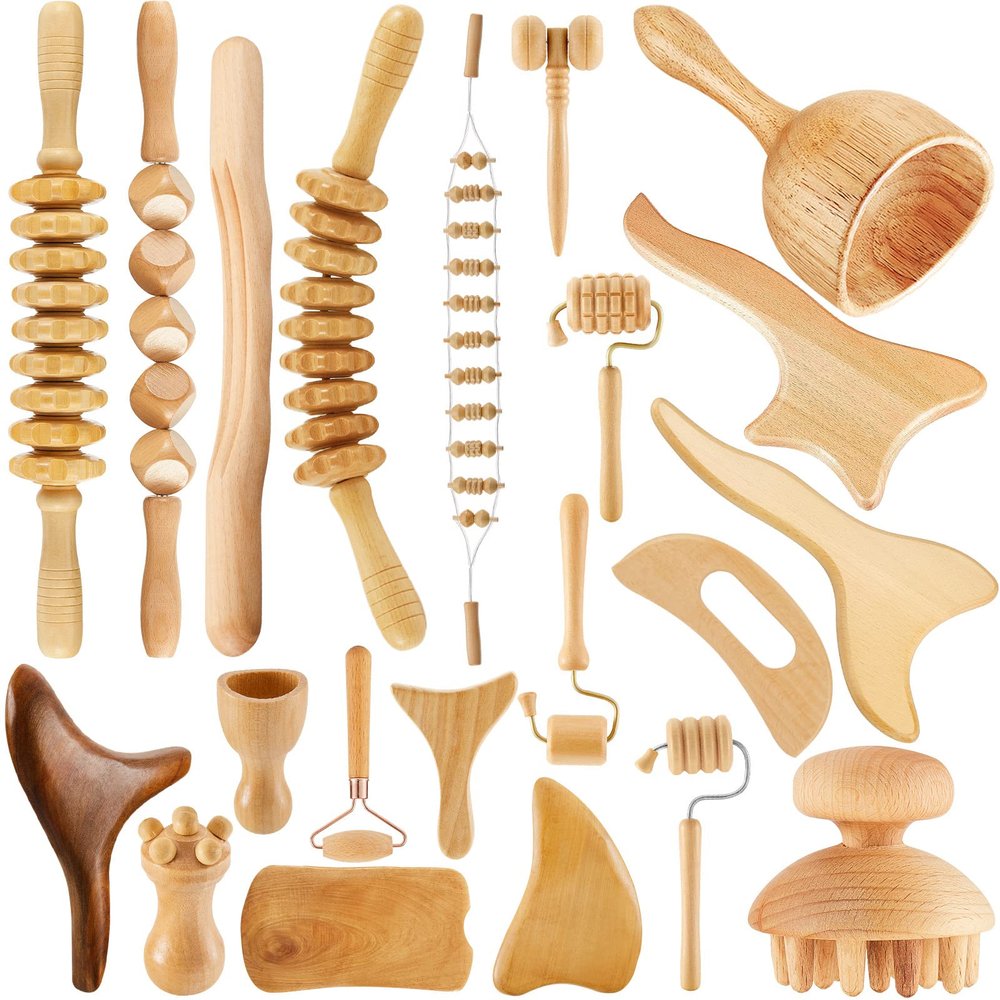 Amylove 21-in-1 Maderoterapia Kit Wood Therapy Massage Tools Set Therapy Tools for Body Sculpting Muscle Pain Relief Lymphatic Drainage Women Face Roller Fascia Massage Anti Body Contouring