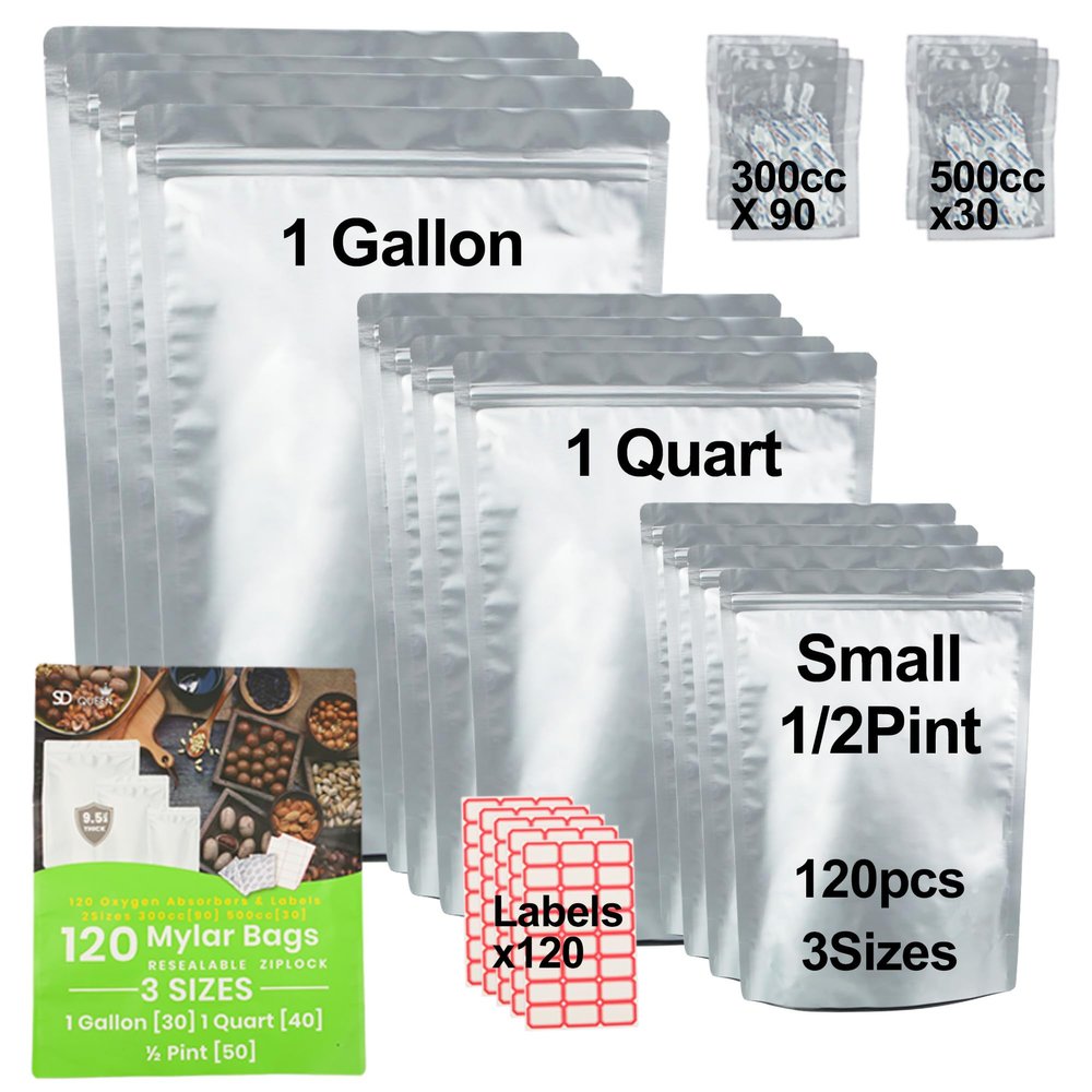 120 pcs Mylar Bags for Food Storage with Oxygen Absorbers 500cc & 300cc, 9.5 Mil 3 Sizes (1 Gallon,1 Quart, 1/2 Pint) - Stand-Up Resealable Ziplock & Heat Sealable + Labels Included