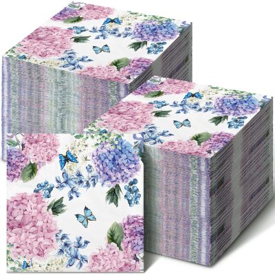 Hotop 200 Pack Purple Hydrangea Napkins for Guests Mother's Day Floral Butterfly Napkins Disposable Dinner Hand Towels Decorative Flower Bathroom Paper Towels for Wedding Birthday Party