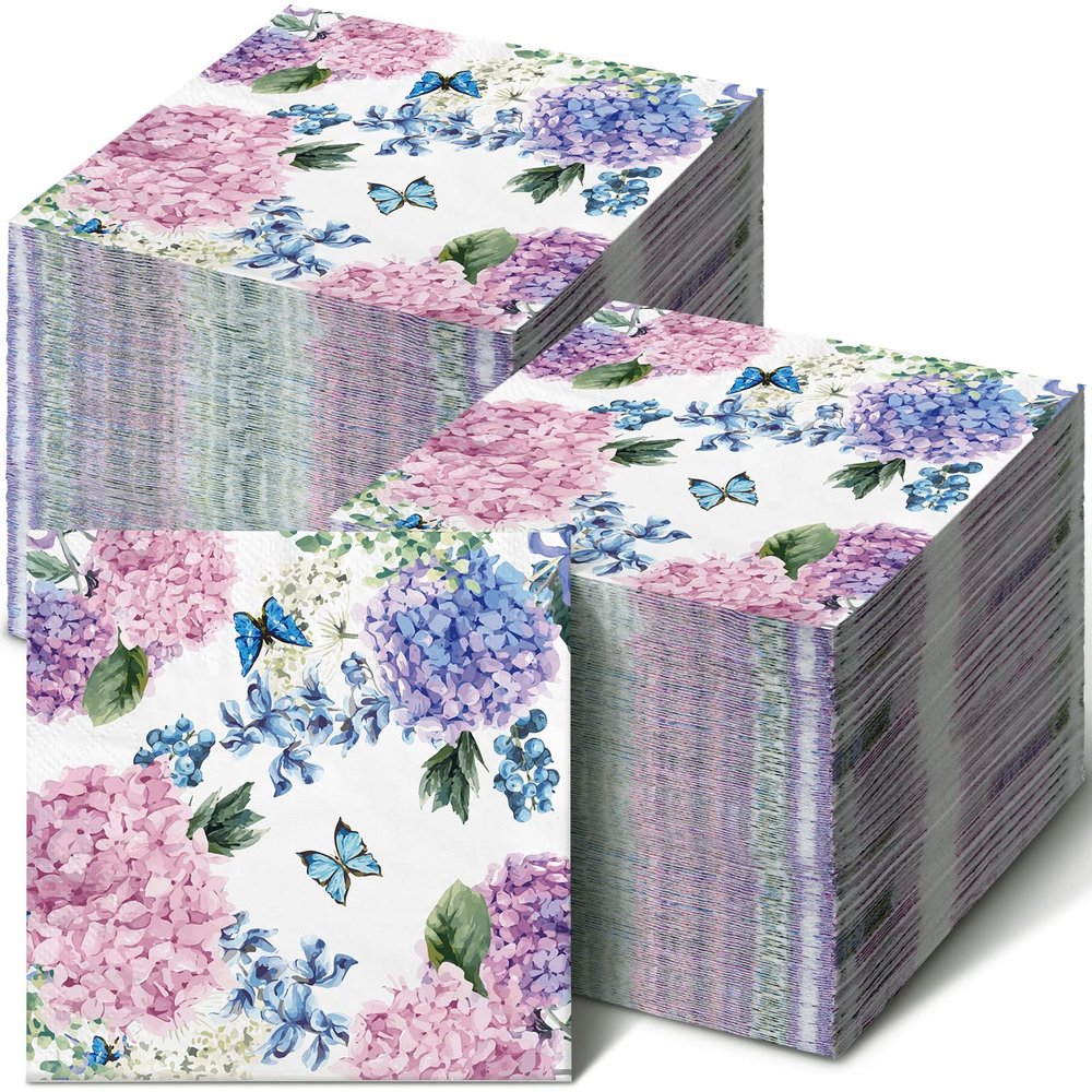 Hotop 200 Pack Purple Hydrangea Napkins for Guests Mother's Day Floral Butterfly Napkins Disposable Dinner Hand Towels Decorative Flower Bathroom Paper Towels for Wedding Birthday Party