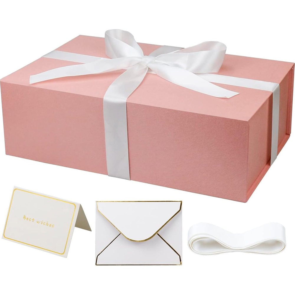 YINUOYOUJIA Pink Gift Boxes with Lid,14"x9"x4.5" Magnetic Gift Box with Ribbon,Cards and Envelopes for Presents,Great for Wedding,Birthdays,Crafting,Gift Packaging.