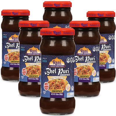 Rani Bhel Puri Concentrate (Sweet & Spicy Sauce) 10.5oz (300g) Glass Jar, Ready to Eat, Pack of 5+1 FREE ~ Vegan | Gluten Free | NON-GMO | Kosher | No Colors | Indian Origin
