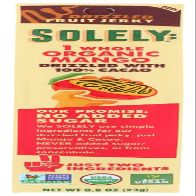 SOLELY 1 Whole Organic Mango Drizzled with 100% Cacao Fruit Jerky, USDA Certified Organic, No Sugar Added, Vegan, Non-GMO, 0.8 Oz (Pack of 12), Natural