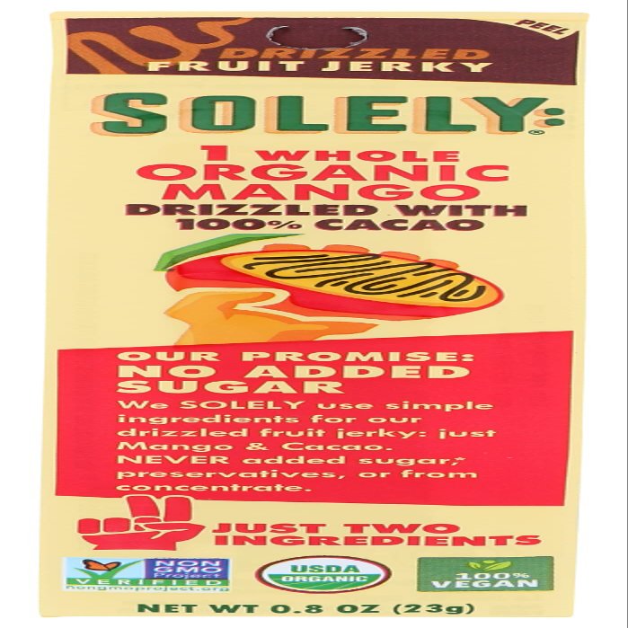 SOLELY 1 Whole Organic Mango Drizzled with 100% Cacao Fruit Jerky, USDA Certified Organic, No Sugar Added, Vegan, Non-GMO, 0.8 Oz (Pack of 12), Natural
