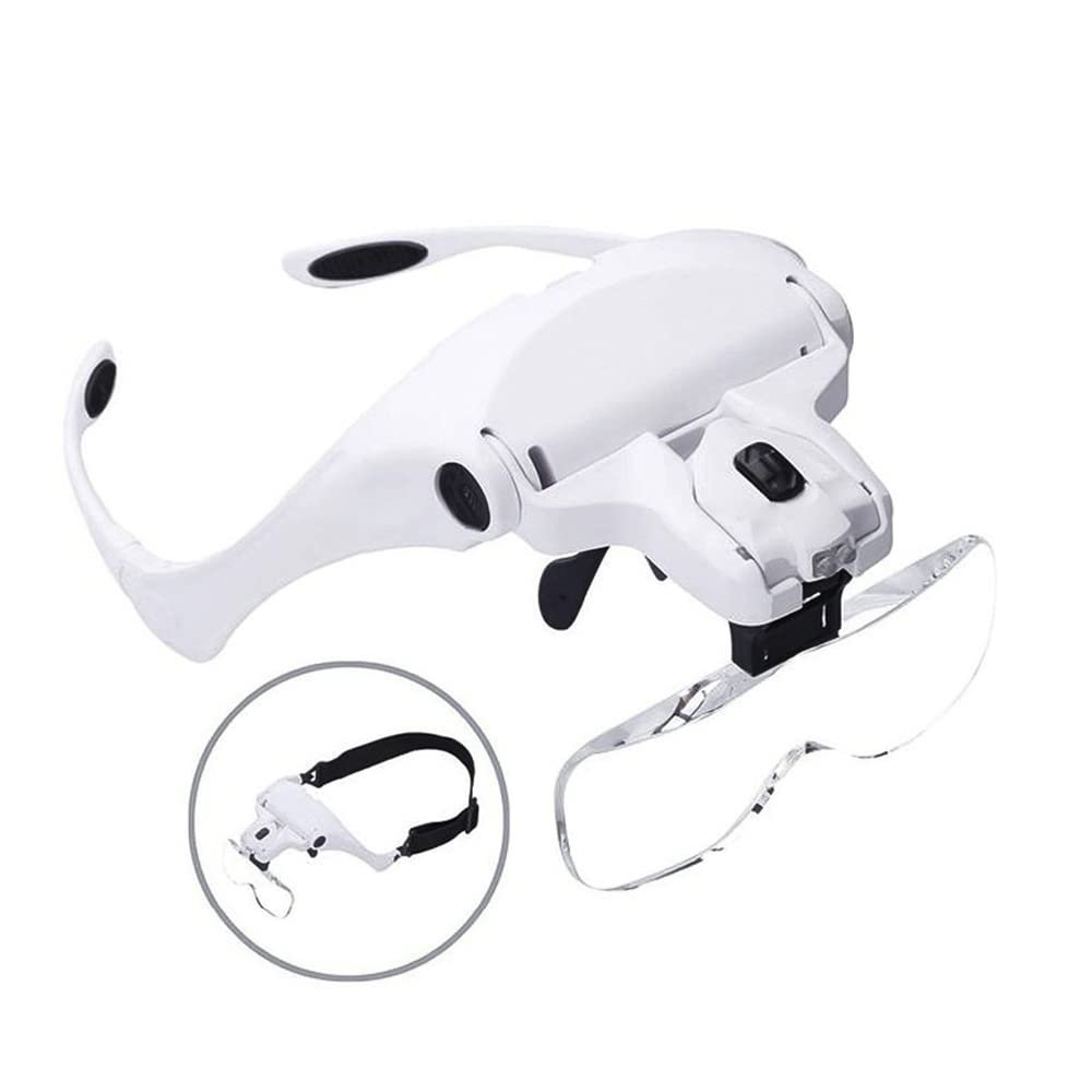 5 Lens 1.0X 1.5X 2.0X 2.5X 3.5X Adjustable Headband Magnifying Glass Magnifier with LED Light Lamp Magnifying Glasses for False Lashes Eyelash Extension White