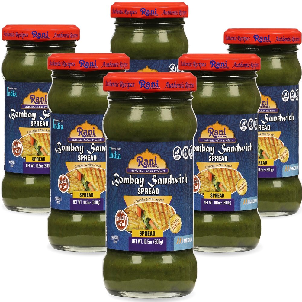 Rani Bombay Sandwich Spread, Mild (Mint & Coriander) 10.5oz (300g) Glass Jar, Ready to Eat, Pack of 5+1 FREE ~ Vegan | Gluten Free | NON-GMO | Indian Origin