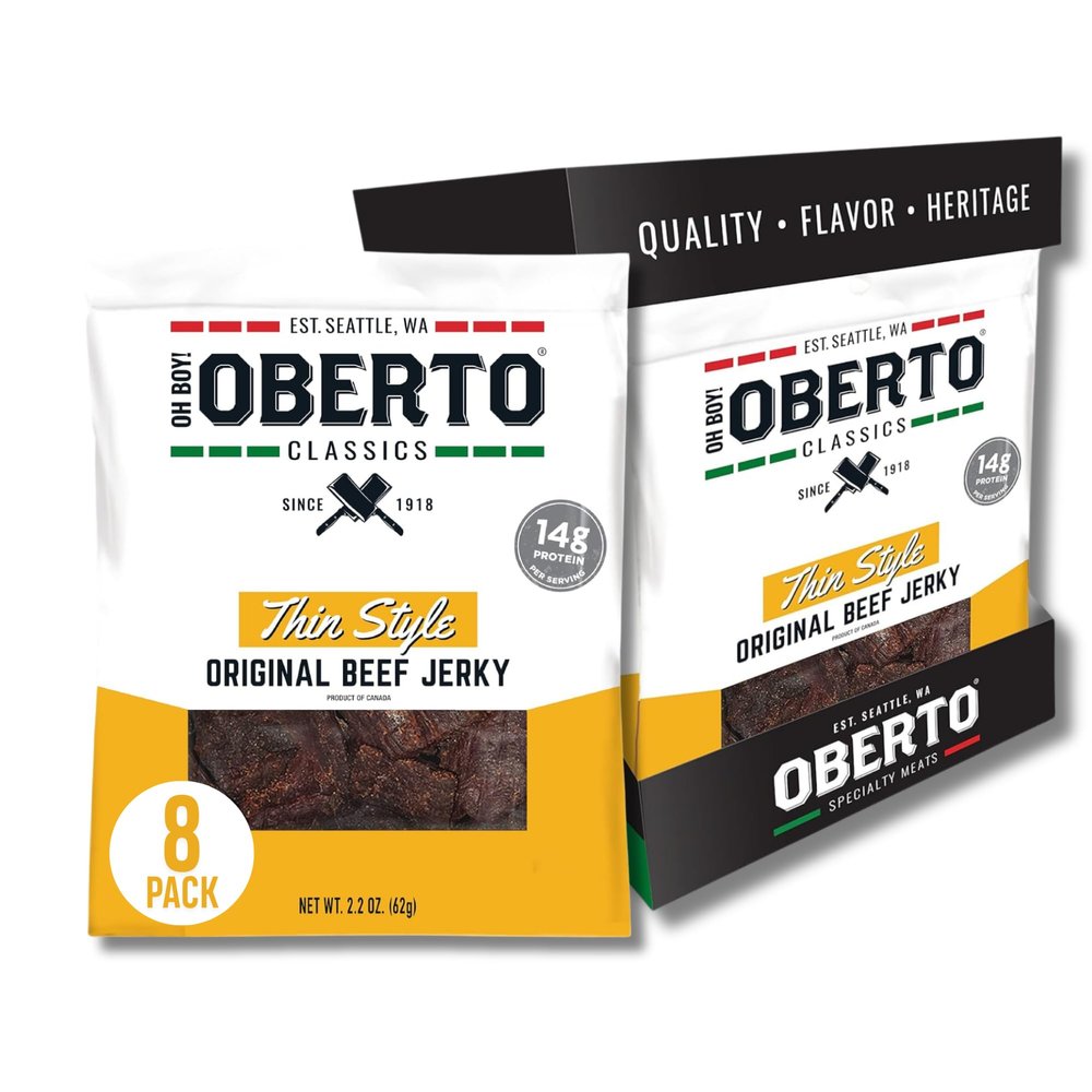 Oberto Classics Thin Style Beef Jerky, Original Flavor, No Artificial Ingredients, High Protein, Gluten Free, Wood Smoked, Premium Steak Beef Jerky High Protein Snacks, 2.2 Ounce (Pack of 8)