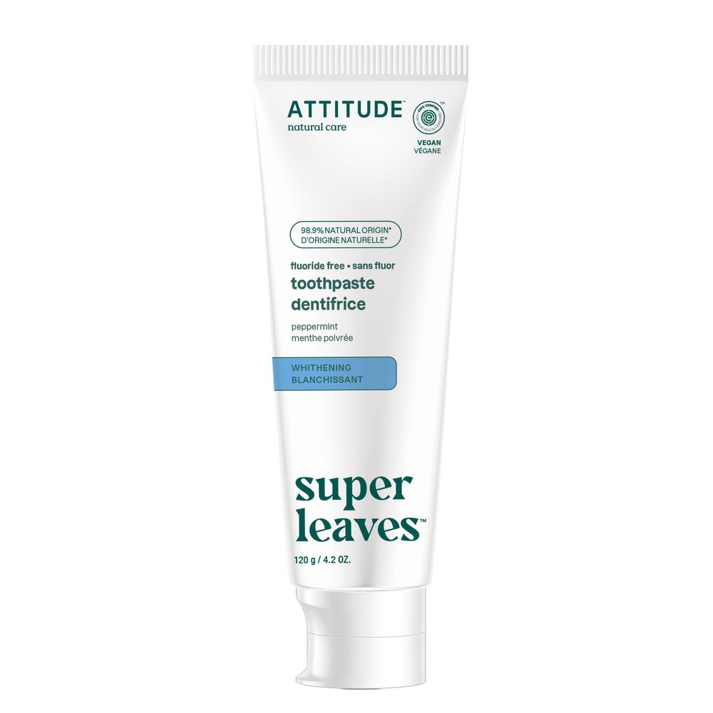 ATTITUDE Fluoride-Free Whitening Toothpaste, Peppermint Flavor, Vegan & Cruelty-Free, Sugar-Free, Plant & Mineral-Based Ingredients, Clean Oral Care, 4.2 Oz