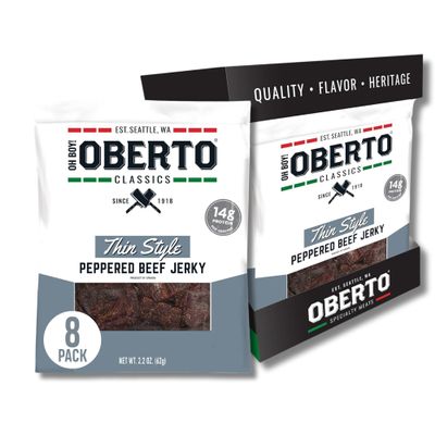 Oberto Classics Thin Style Beef Jerky, Peppered Flavor, No Artificial Ingredients, High Protein, Gluten Free, Wood Smoked, Premium Steak Beef Jerky High Protein Snacks, 2.2 Ounce (Pack of 8)