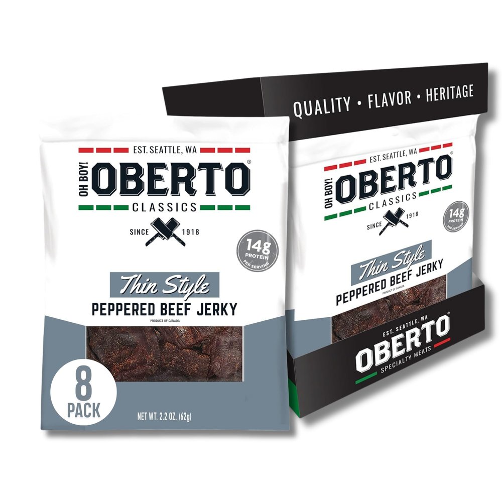 Oberto Classics Thin Style Beef Jerky, Peppered Flavor, No Artificial Ingredients, High Protein, Gluten Free, Wood Smoked, Premium Steak Beef Jerky High Protein Snacks, 2.2 Ounce (Pack of 8)