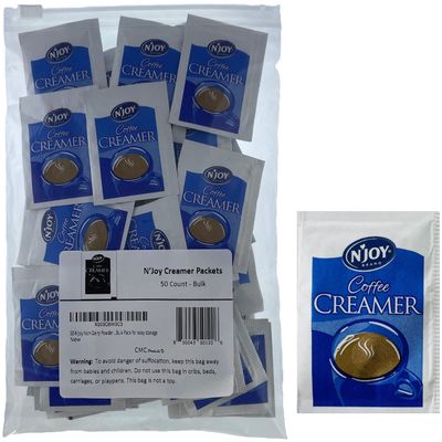 Gift Set: 50 Non-Dairy Powdered Creamer Packets in Slide Seal Bag Plastic Food Bag Bulk Pack for easy storage with Stir Sticks (approximately 50 packets)